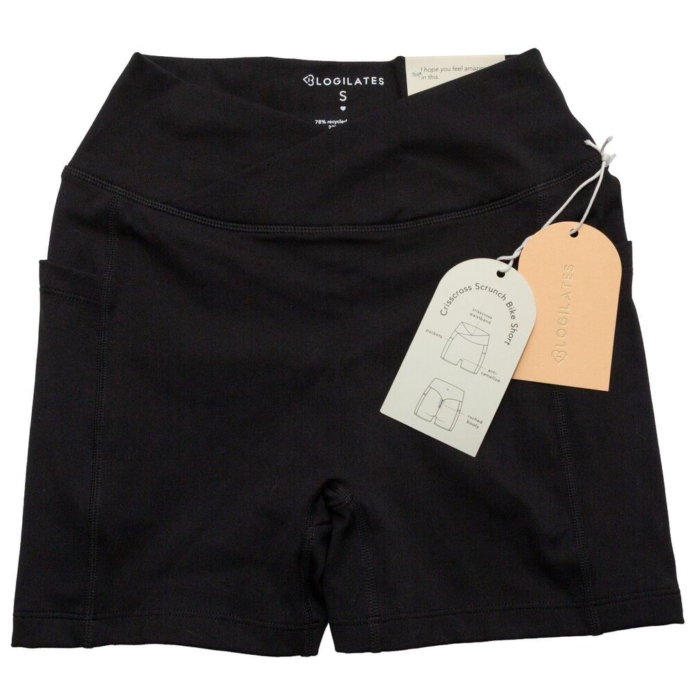 Blogilates Crisscross Scrunch Bike Shorts Black Small High Rise Pockets Stretch